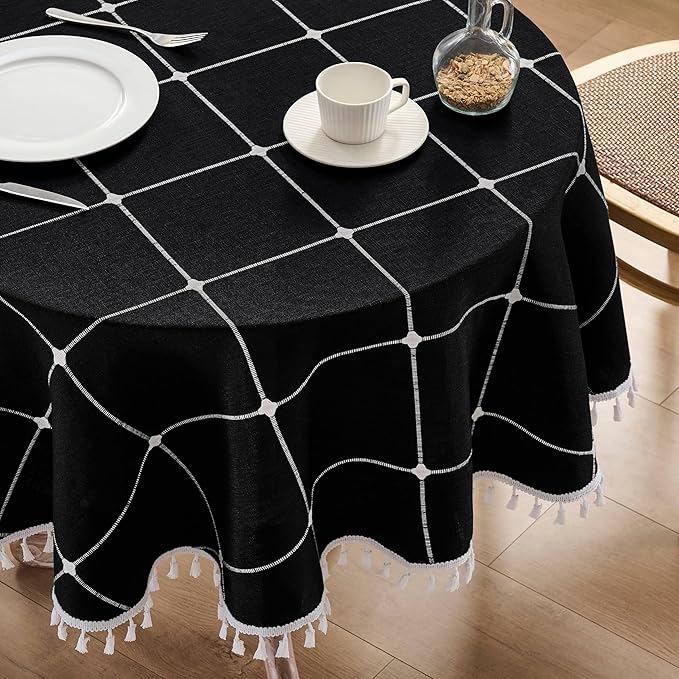 ZeeMart Boho Grid Table Cloth with Tassels (Black, 60" Round), Heavy Weight Linen Checked Embroidered Farmhouse Tablecloth, Water Resistant Round Black Tablecloths