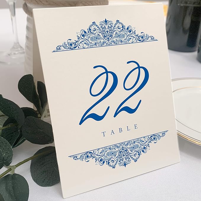 Paisley Wedding Table Numbers (Select Color/Quantity), Champagne, Royal Blue, 1-175, Double Sided, Tent or Use in a Stand, Great for Parties & Restaurants - Made in the USA