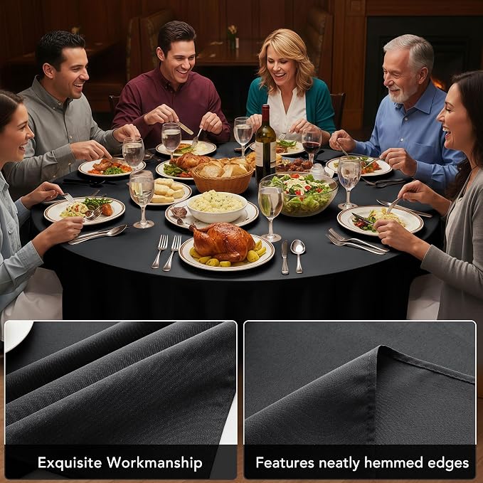 6-Pack Black Round Tablecloths, 108 Inches, Stain-Resistant Polyester for 4-5 Ft Round Tables - Washable Table Covers for Weddings, Banquets, Birthday Parties, Events
