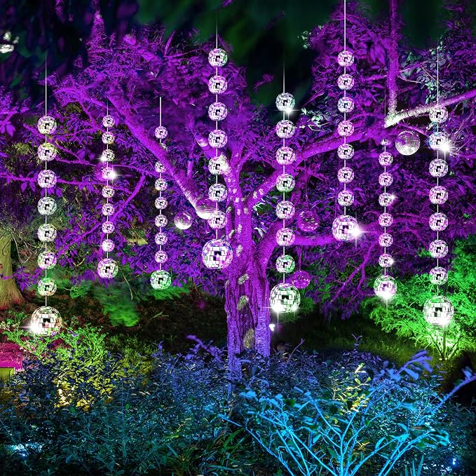 Sumind 8 Pack Disco Party Decorations Mini Disco Ball Garlands Silver Mirror Ball Hanging Banner Silver Streamer Curtains for Birthday Wedding Christmas Party Backdrop Supplies(1 Inch, 2 Inch)