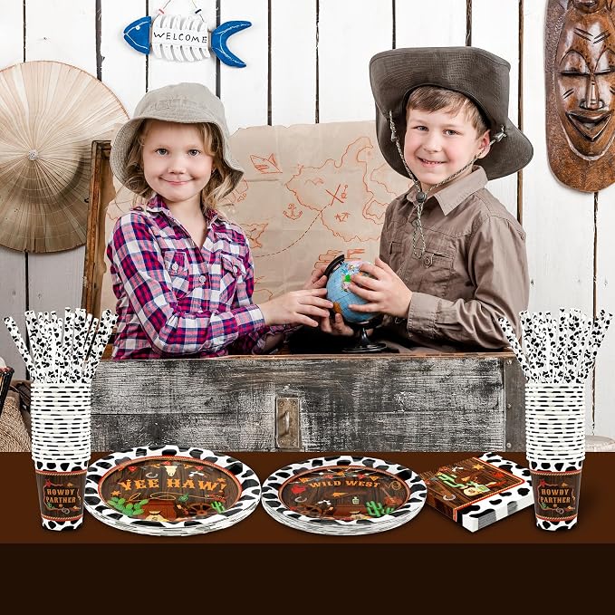 Recheel Western Birthday Party Supplies Decorations, Cowboy Wild West Theme Birthday Paper Plates and Napkins Set with Cups and Straws for 24 Guests, 120 Pcs Disposable Party Dessert Dinnerwares