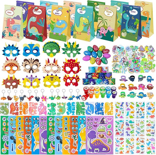 Dinosaur Party Favors for Kids -12 Pack Dinosaur Gift Bags with Masks, Stamps, Stickers, Keychains, Dinosaur Eggs & Rings, Dinosaur Birthday Party Supplies, Goodie Bag Stuffers