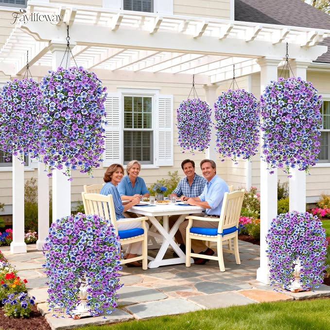 Artificial Hanging Flowers for Outdoors Spring Summer Decoration, 8PCS UV Resistant Silk Fake Hanging Plants for Patio Porch Front Yard Window Garden Indoor Decor(Blue&Purple,8PCS)