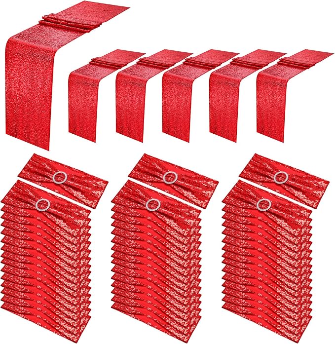 54 Pieces of Red Sequin Chair Ribbons and Table Runners, 48 Sequin Chair Bows, 6 Glitter Table Runners, Suitable for Wedding Parties Birthday Meeting Events Decorations (Red)