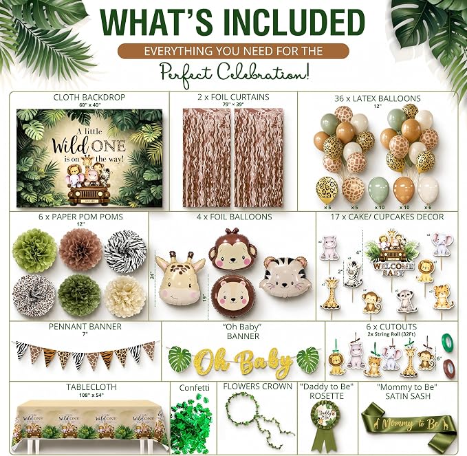 272 Pc Safari Baby Shower Decorations, Jungle Animal Party Set | Safari and woodland baby shower decorations; jungle and forest animal styles with backdrop, balloons, banner, sash