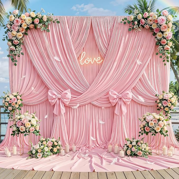 20ftx12ft Wrinkle Free Pink Backdrop Curtain, 4 Panels 12FT Long Wedding Photo Backdrop Drapes, Silky Polyester Back Drop Cloth for Birthday Photography Background Party Backdrop Draping