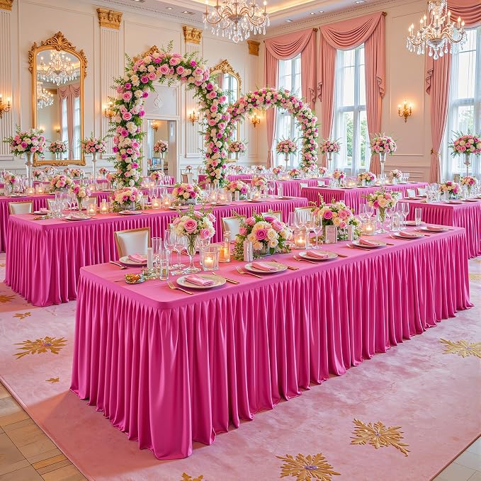 Wish Care 4 Pack Hot Pink Rectangle Table Clothes for 8 Foot Tables, Polyester Fitted Tablecloths 8ft Stretch Table Cover for Wedding, Birthday, Parties, Trade Show, Craft Show