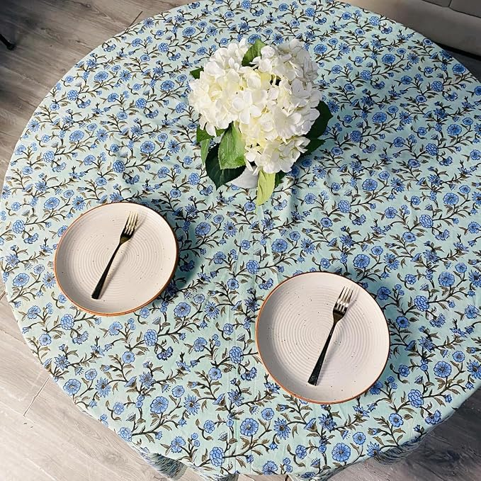 Ridhi Round Tablecloth Hand Block Print 100% Cotton Reusable Laurel & Army Green 60 Inch Table Cover Decorative Everyday Use for Dining, Home, Party, Wedding, Farmhouse Gift for Spring, Mother's Day
