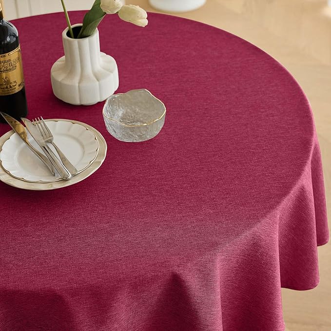 Decorelia Christmas Red Waterproof Round Table Cloth for Round,Decorative Farmhouse Tablecloths Table Cover for Holiday,Banquet,Dining& Kitchen (60 Inch,Round (2-4 Seats,Burgundy)