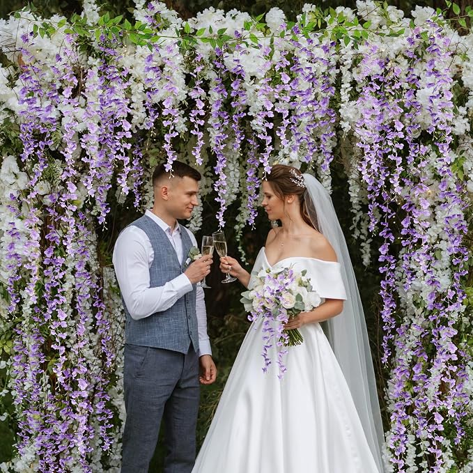 Thiccywoov 4pcs Wisteria Artificial Flowers Garland, 7.2Ft/Piece Wisteria Hanging Flowers Garland for Wedding Arch Decoration Outdoor Ceremony Home Backdrop Garden (Purple,Light Purple)