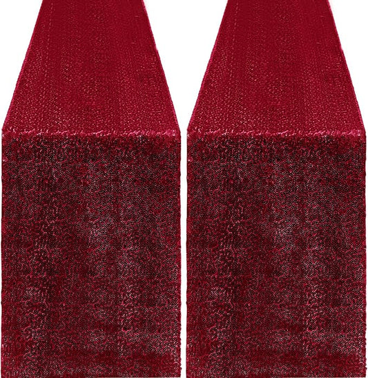 2 Packs 12 x 72 inches Sequin Table Runner, Burgundy Glitter Table Runner for Birthday Party Supplies Wedding Engagement Baby Shower Holiday Celebration Event Decorations