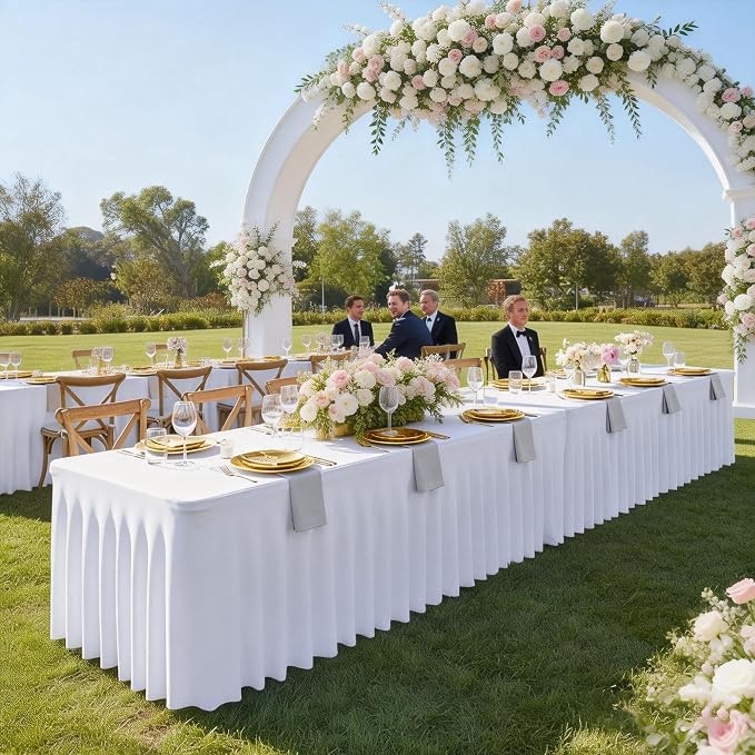 6 Packs White Table Clothes for 6 Foot Rectangle Tables, One-Piece Wrinkle Resistant Stretch Spandex Table Covers with Skirt for Event Banquet Wedding Birthday Party