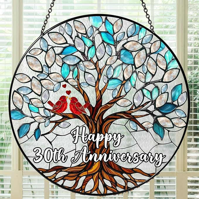 30th Anniversary Stained Glass Suncatcher, 30th Anniversary Wedding Gifts for Couples, Wife, Husband, 30 Years Anniversary Milestone Decoration, Pearl Themed Wedding Celebration 6x6' Decor