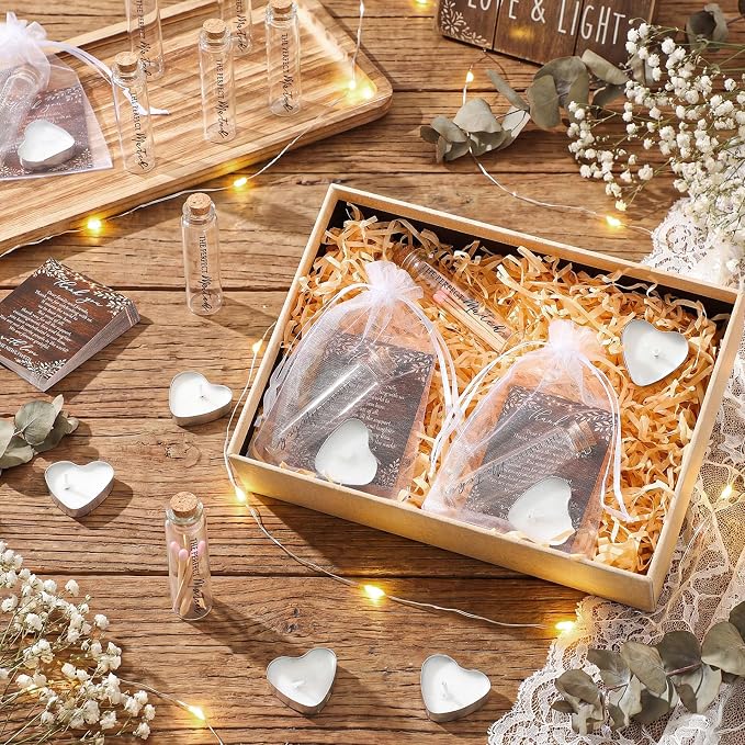 50 Sets Wedding Party Favors for Guests Bulk Including Heart Shaped Candles and Empty Matches Jars with Cork Top Thank You Cards and Organza Bags for Wedding Bridal Shower Party (String Lights)