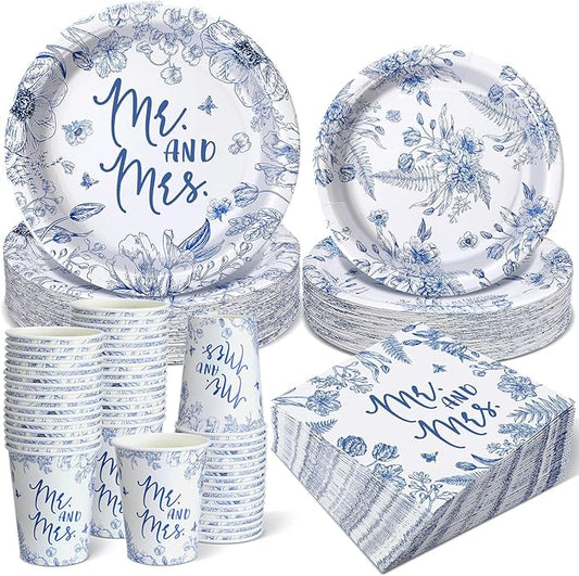 Zhehao 250 Pcs Mr. and Mrs. Bridal Shower Plates Napkins Sets 50 Pcs Floral 9'' Dinner Plates and 7'' Dessert Plate and 9oz Cup 100 Napkin Serves 50 Bridal Shower Decoration Engagement Party Supplies