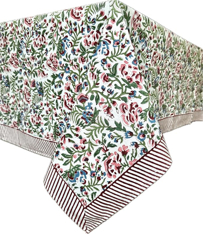 ATOSII Ambrosia 100% Cotton Square Boho Spring Summer Tablecloth, Handblock Floral Table Cloth Linen for Kitchen Dining Parties Wedding Outdoors Easter I 60 X 60 Inches I 4 Seater