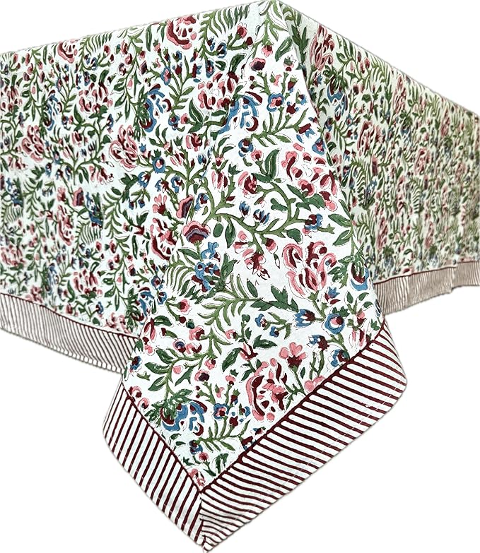 ATOSII Ambrosia 100% Cotton Rectangle Summer Tablecloth, Block Print Floral Table Cloth Linen for Kitchen Dining Parties Wedding Outdoors I Grand Millennial 60 X 90 Inches I 6 Seater I Memorial Day