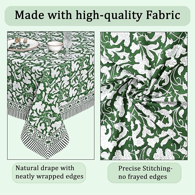 Ridhi Pantone Artichoke Hand Block Print Cotton Rectangle Tablecloth 160" x 72" inches Reusable Table Cover Decorative Everyday Use for Dining Room, Farmhouse, Home Gift for Spring, Mother's Day