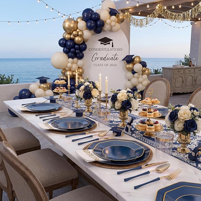 KIRE 140Pcs Blue Plastic Plates with Gold Rim - Gold Disposable Plastic Silverware with Blue Handle&Clear Cups&Hand Napkin - Geometric Party Plates for Passover/Party/Graduation
