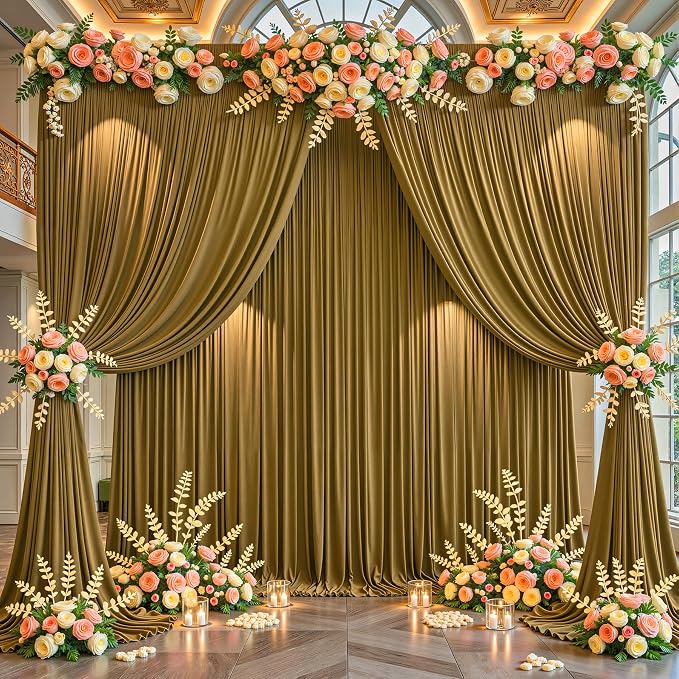 Gold Brown Backdrop Curtains-Wrinkle-Free Polyester Photography Drapes Party Curtain Background for Baby Shower Wedding Decorations- 16 X10FT