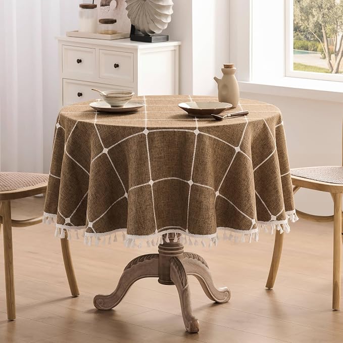 ZeeMart Boho Grid Table Cloth with Tassels (Caramel, 60" Round), Heavy Weight Linen Checked Embroidered Farmhouse Tablecloth, Water Resistant Round Brown Tablecloths