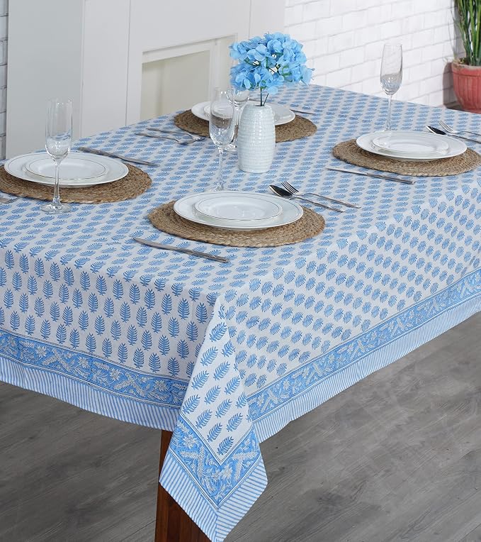 Ridhi Cerulean Blue Hand Block Print Cotton Rectangle Tablecloth 190" x 72" inches Reusable Table Cover Decorative Everyday Use for Dining Room, Farmhouse, Home Gift for Spring, Mother's Day