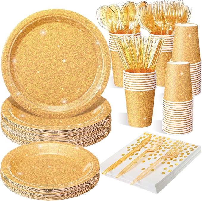Hushee 175 Pcs 25 Guests Gold Paper Party Plates and Cups Napkins Sets Holographic Glitter Disposable Dinnerware Plastic Forks Knives Spoons Birthday Bachelorette Wedding Party Supplies