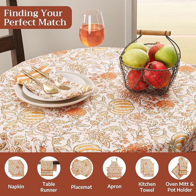 Maison d'Hermine Table Cloth Round Table 100% Cotton 69 Inches Tablecloth Reusable Decorative Everyday Use for Dining Room, Farmhouse, Home, Party, Festive & Wedding - Pumpkin Spice