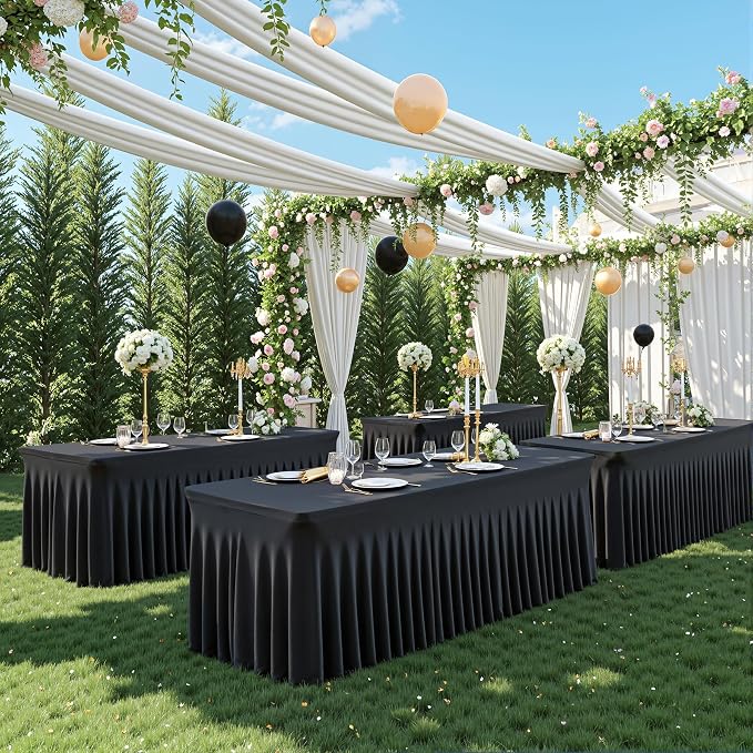 Suppromo 8ft Black Spandex Tablecloths for Rectangle Tables Wrinkle Free Black Table Cloth Rectangle Stretch Fitted Table Cover with Skirt for Wedding Birthday Party Banquet Baby Shower Buffet Event