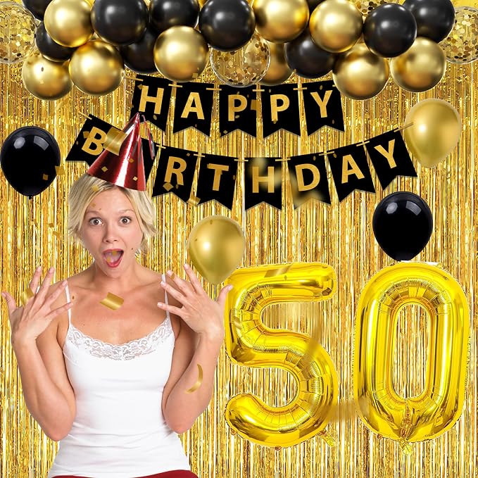 Gold 50th birthday decorations men,3pcs birthday Decorations for Men boys black and gold Balloon Boxes Birthday Party Favors