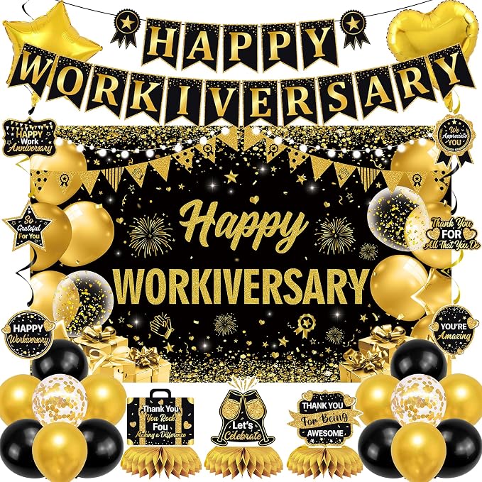 Vlipoeasn Happy Workiversary Banner Decorations for Women Men, Black Gold Work Anniversary Bacdrop Banner Honeycomb Centerpieces, Office Decor Staff Teachers Professors Doctor Nurses Workiversary