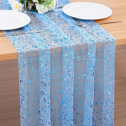 BINBE 1PCS Blue Table Runner 10Ft Sheer Chiffon Fabric Cheesecloth Sequin Glitter Table Runner for Wedding Birthday Party Decor
