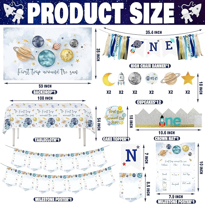 First Trip Around The Sun Birthday Party Decorations for boy 1st Birthday Supplies First Trip Around The Sun Backdrop Balloons Garland Monthly Photo Banner Space Theme Party Decor