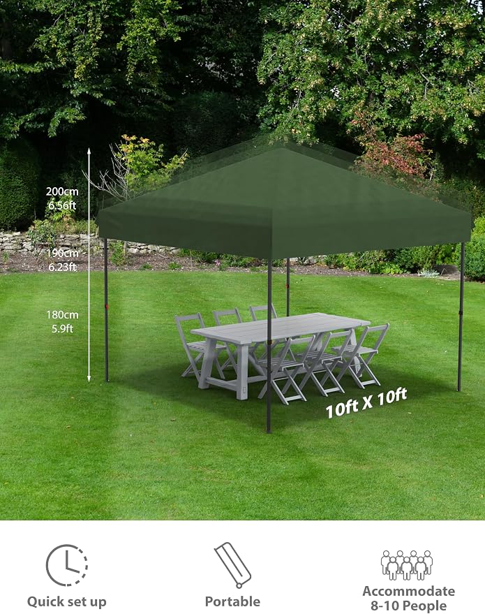 10x10 Pop Up Canopy with 3 Sidewalls - Outdoor Canopy Tent with Portable Roller Bag - One Button Push Setup, 3 Adjustable Height, 4 Weight Bags, 8 Stakes & 4 Guy Ropes Included, Green
