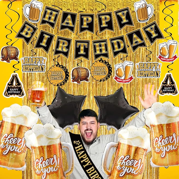 Black and Gold Party Decorations for Men and Women: Happy Birthday Banner, Fringe Curtains, "Cheers to You" Foil Balloons, Hanging Swirls, Photo Props, Birthday Sash
