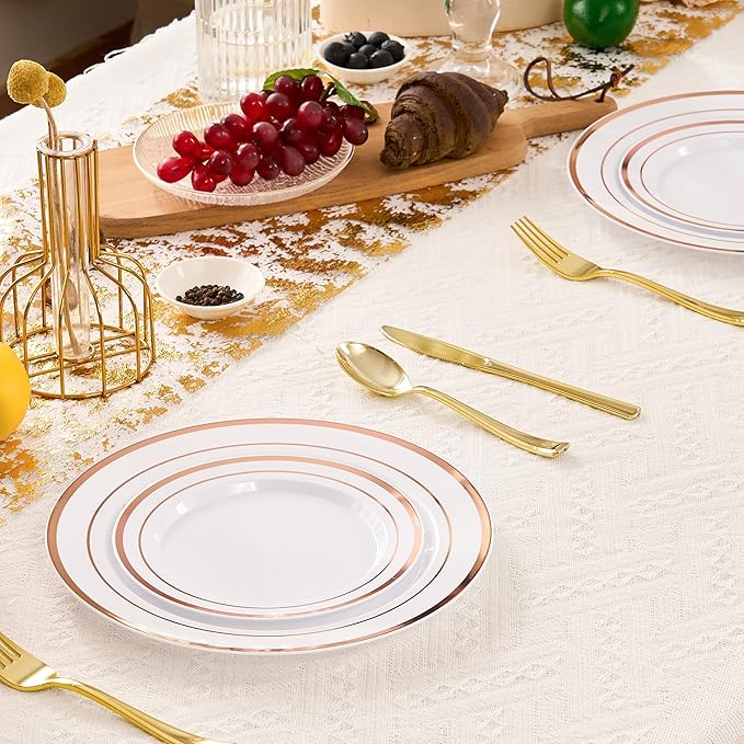 Fijinhom 200PCS Rose Gold Plastic Plates, Disposable Plates with 100PCS 10" Dinner Plates & 100PCS 7" Dessert Plates for 100 Guests, Plastic Party Plates for Wedding, Birthday, Rose Gold