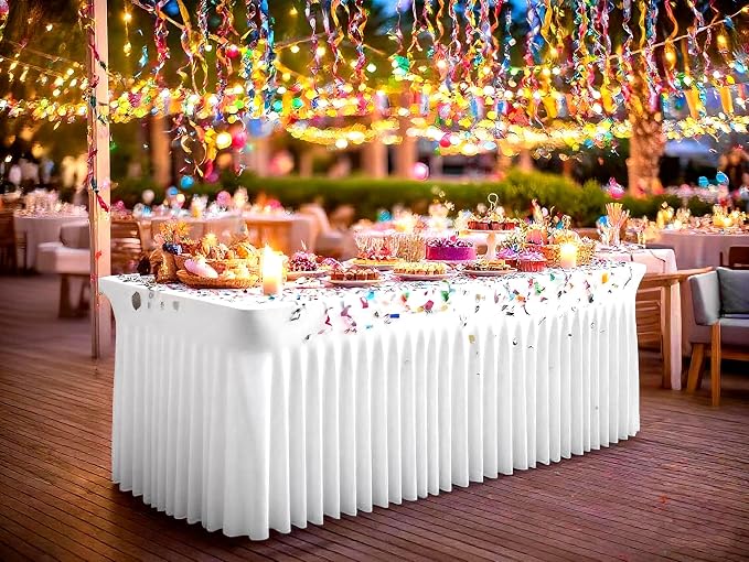 6 Packs White Stretch Table Skirts for 6 Foot Rectangle Table, Washable Spandex Stretch Tablecloths with Skirt, Wrinkle Resistant Fitted Tablecover for Wedding Party Banquet