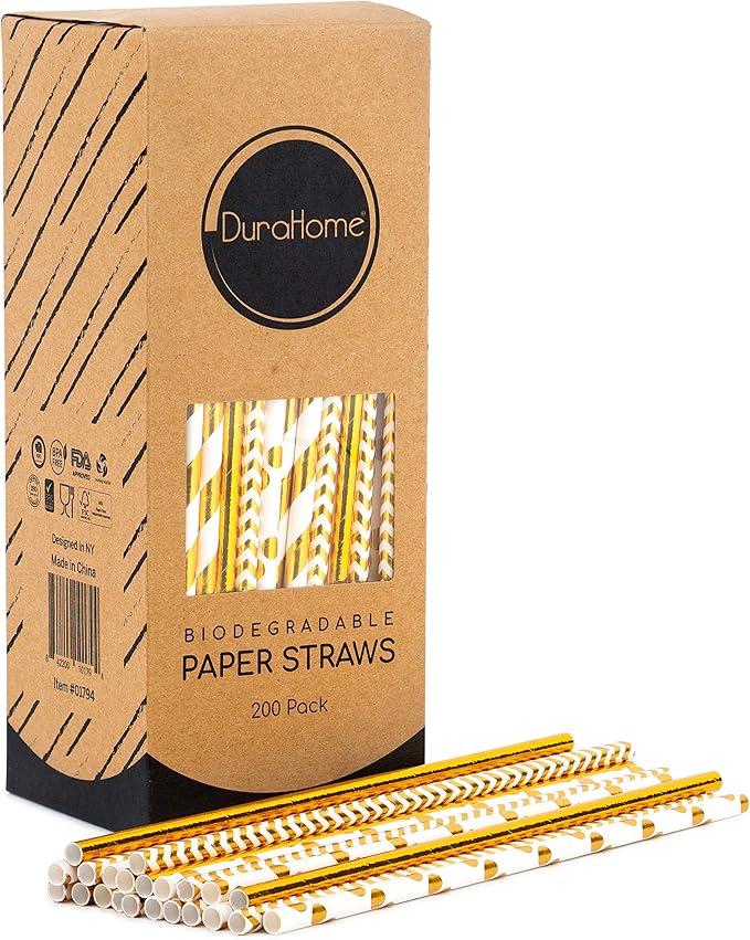 Paper Straws 200 Pack Biodegradable Gold 8.25" Straw for Everyday/Birthday Party/Bridal Shower/Wedding/Anniversary and Parties, 4 Beautiful Patterns, Long Lasting - by DuraHome (Gold)