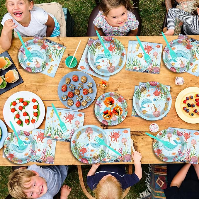 gisgfim 50 Guests Under the Sea Party Decorations Plates and Napkins Ocean Animals Birthday Paper Plates Napkins Tableware Set Underwater Sea Life Party Supplies for Birthday Baby Shower 200Pcs