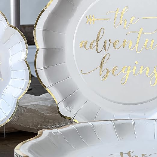 Kate Aspen The Adventure Begins Wedding Paper Plates and Napkins Set - 72 Piece Wedding Plates Disposable Party Tableware for 24 Guests - Bridal Shower Decorations, Engagement Party Decor