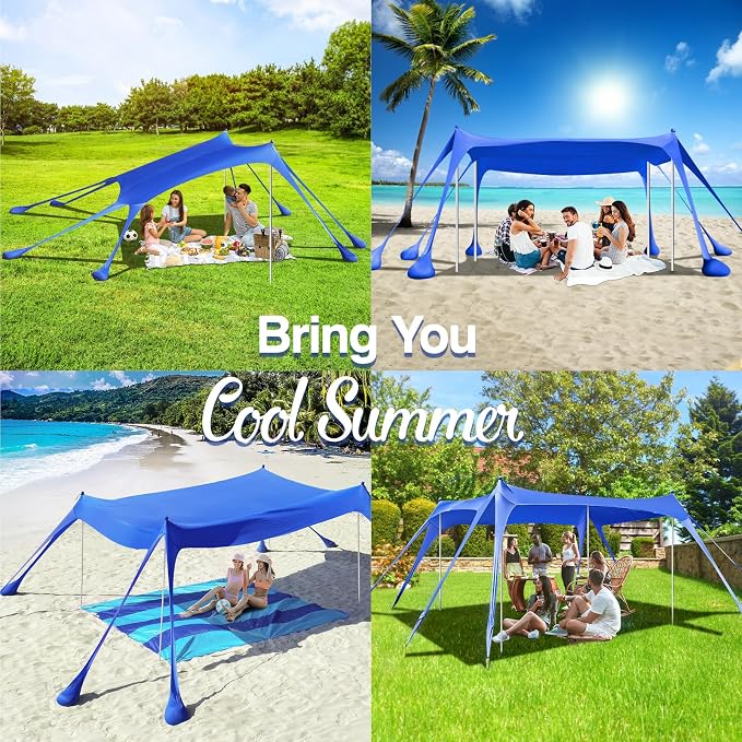 Rhino Valley Beach Tent, 10 x 13 FT Beach Shade UPF50+ Protection, Beach Canopy with 8 Sandbags 4 Stability Poles,Outdoor Beach Tent Sun Shelter Umbrella for Sand,Camping,Fishing Essentials, Indigo