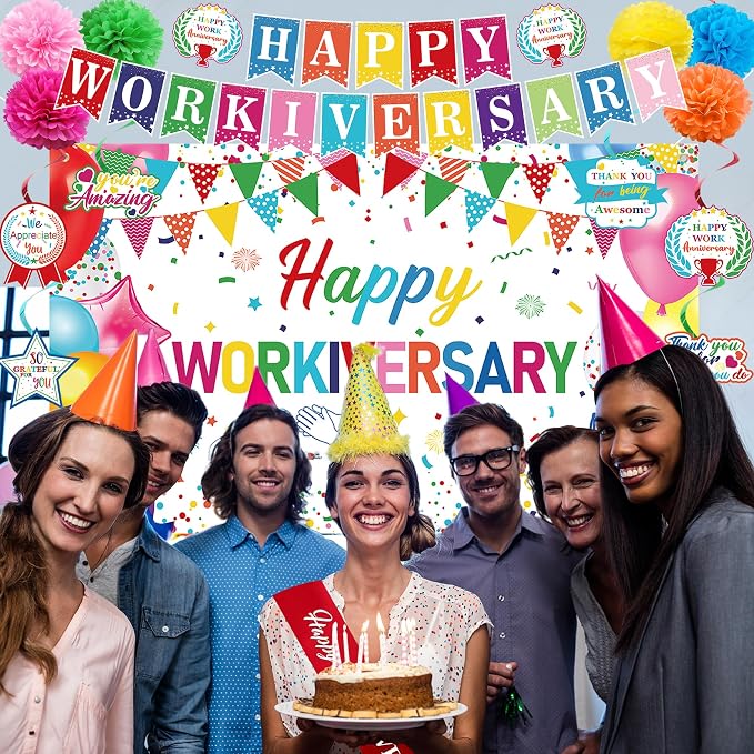 DARUNAXY Happy Workiversary Party Decorations for Men Women, Colorful Happy Work Anniversary Banner Cake Topper Hanging Swirl Confetti Balloons Decor Set for Employee Office Party Supplies(31PC)