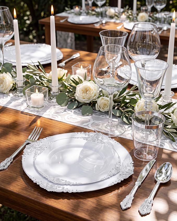 Nervure 350PCS Silver Plastic Plates - Silver Plastic Dinnerware Sets for 50 Guests - 100 Disposable Plates, 150 Silverware, 50 Cups, 50 Napkins for Wedding & Party