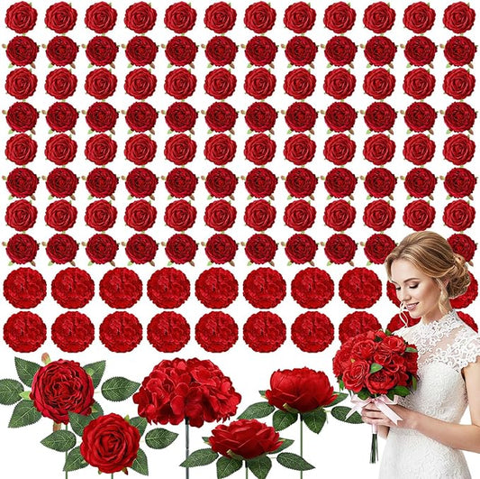 Suncalla 120 Pcs Assorted Artificial Flower Head Fake Leaf Combo with Long Stem, Mix Silk Faux Hydrangea Peony Rose for Wedding Centerpiece Bridal Bouquet DIY Craft Baby Shower Party Decor (Red)