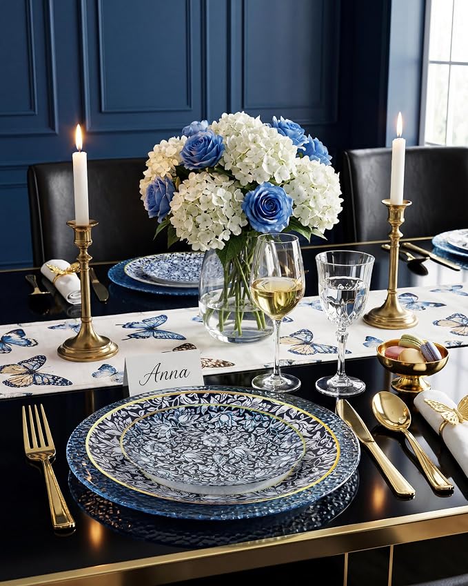 Hioasis 60pcs Plastic Disposable Plates Set - Blue & White Floral Pattern with Gold Rim, 10.25 Dinner & 7.5 Dessert Plates for Wedding,Anniversary,Party and Holiday