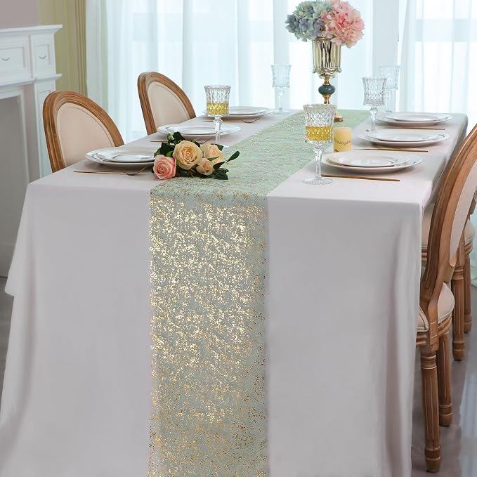Snowkingdom Sage Green Table Runner 2PCS 11 x 108 Inch Metallic Foil Sequin Glitter Thin Sheer Mesh Fabric Decorations for Wedding Birthday Christmas Party Centerpieces Reception Dining Home Holiday