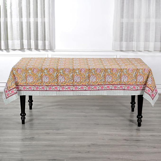 Ridhi Biscotti Yellow Hand Block Print Cotton Rectangle Tablecloth 190" x 72" inches Reusable Table Cover Decorative Everyday Use for Dining Room, Farmhouse, Home Gift for Spring, Mother's Day