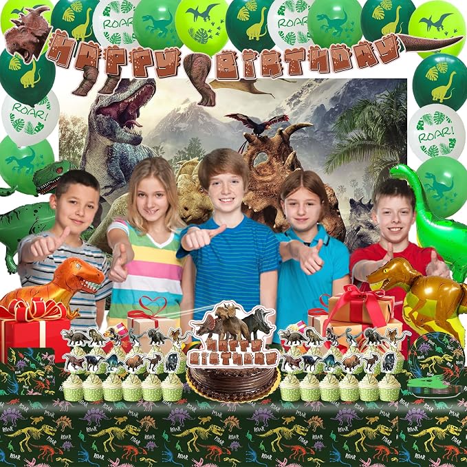Dinosaur Themed Birthday Party Decoration Kit - Includes Backdrop, Tablecloth, Birthday Banner, Cake/Cupcake Toppers, Hanging Swirls, Disposable Tableware Set, Latex and Foil Balloon(Triceratops)