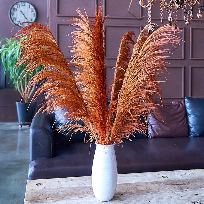 Burnt Orange Pampas Grass Decor Tall,Long Natural Pampas Grass for Floor Vase , Dried Pompas Floral, Elegant Feather Flowers,Wedding Living Room Decorations(Natural Orange, 6pcs 43.3"(110cm))