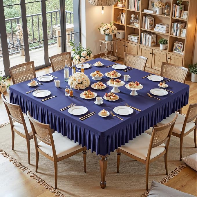 60x60 Inch Navy Blue Spandex Square Tablecloth,Wrinkle Free Navy Blue Fitted Table Cloth for Square Tables,Washable Pleated Table Cover for Wedding Birthday Cocktail Party Buffet Dinner Camping